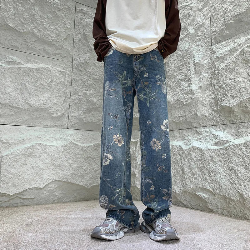 Hearujoy Baggy Flower Jeans Men Fashion Oversized Wide Leg Jeans Men Streetwear Hip-hop Loose Straight Denim Pants Mens Trousers S-XL