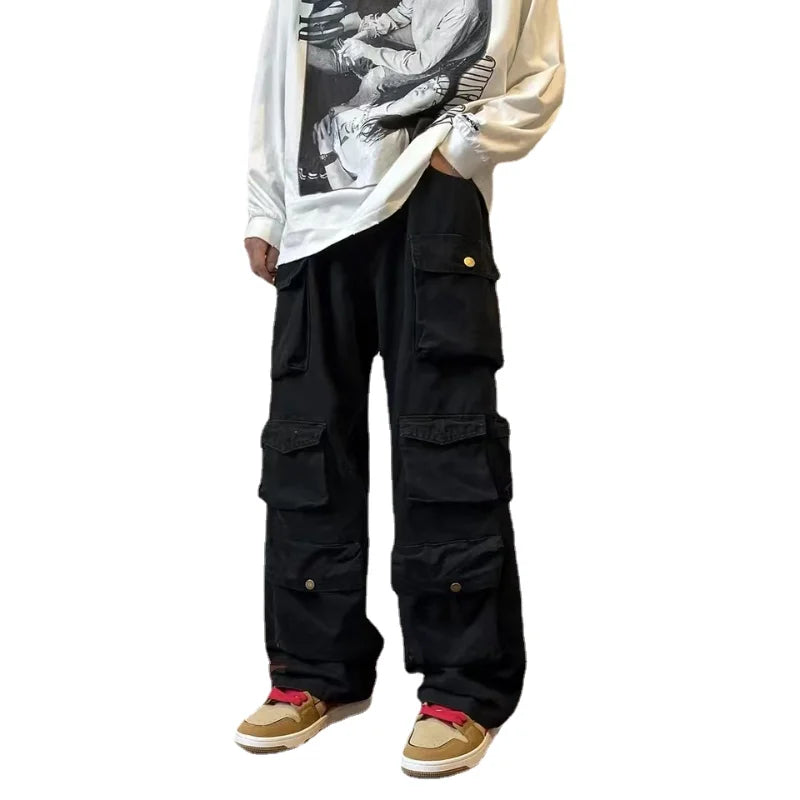 Hearujoy Y2k  Hip-hop Cargo Pants Multi-pockets Tooling Pant Harajuku Men's Vintage Loose Wide Leg Pants Streetwear Casual Trousers