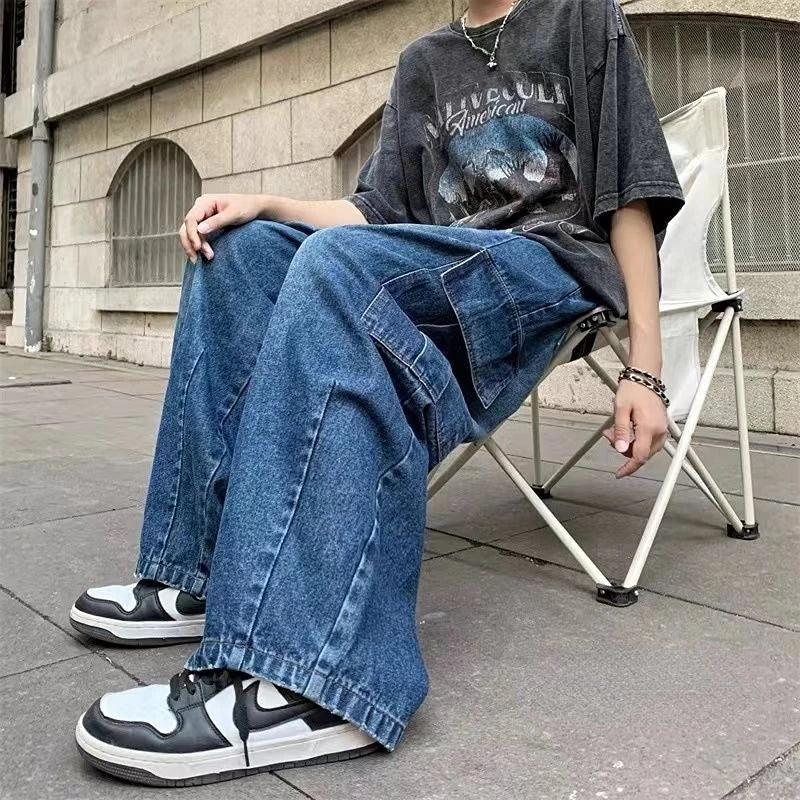 Hearujoy Washed Casual Retro Wide Leg Baggy Jeans Mens All Match Straight Hip Hop Large Pocket Overalls Blue Jeans for Women Streetwear