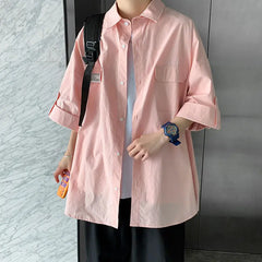 Hearujoy Retro Pink Shirt Jacket Men Spring Autumn Urban Style Short Sleeve Blouse Summer Work Shirts Unisex Streetwear