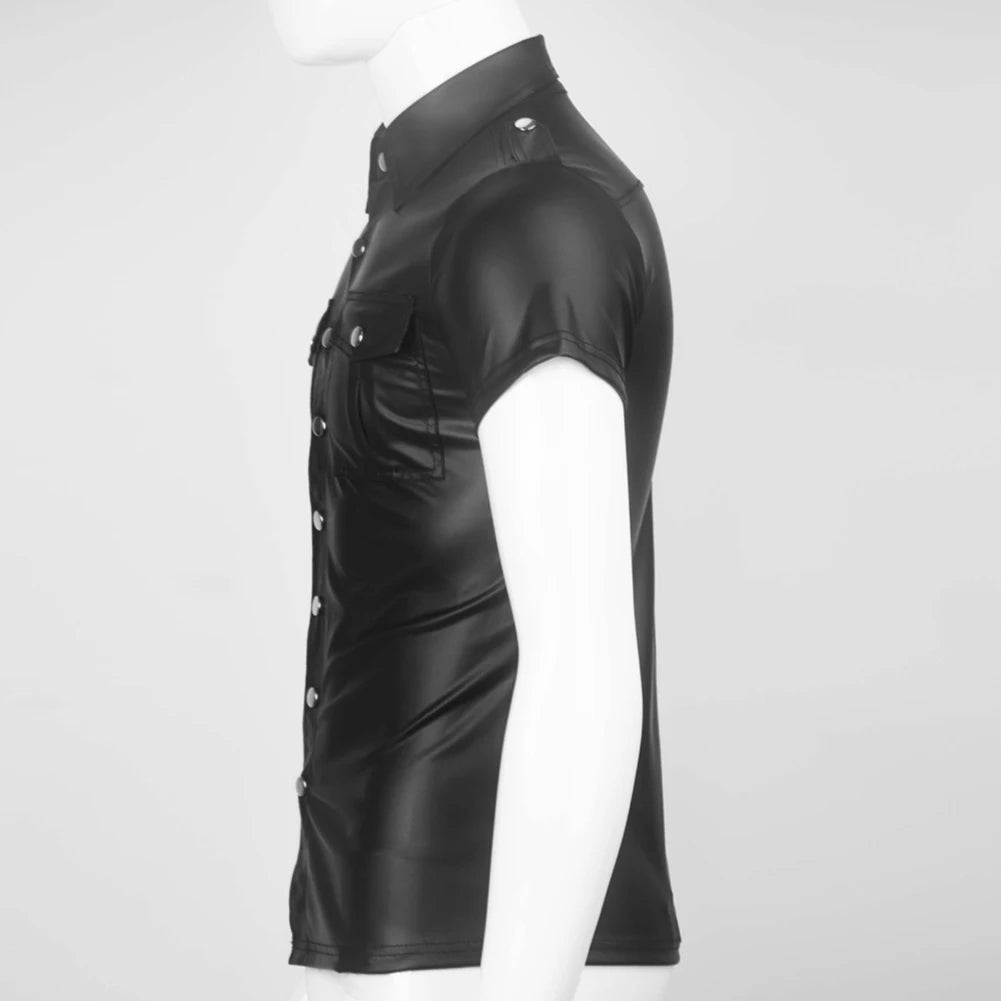HEARUJOY  -  Men\\\'s Clothing Top Autumn Collared Faux Leather Wet Look Men Regular S-2XL Solid Color Tee Top Blouse Uniform Shirt