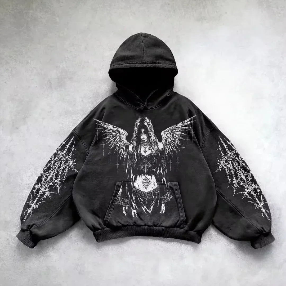 Hearujoy Y2K New Red Zipper Hoodie Retro Gothic Printed Pattern Hoodie High Street Hip-Hop Trend Sweatshirt Men's Women's Loose Hoodies