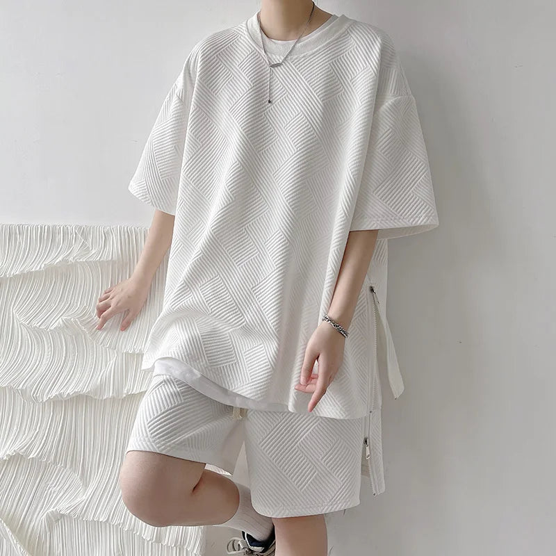 Hearujoy Men Women T-Shirt Shorts Suit Sets Side Zippers Casual Loose tshirt and wide leg shorts with pockets Soft Summer Shorts Sets