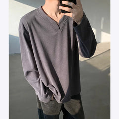 HEARUJOY  -  Spring Long Sleeved T-shirt Men Fashion V-neck Pullover T Shirt Men Streetwear Korean Loose Pullover T Shirt Mens Top M-3XL