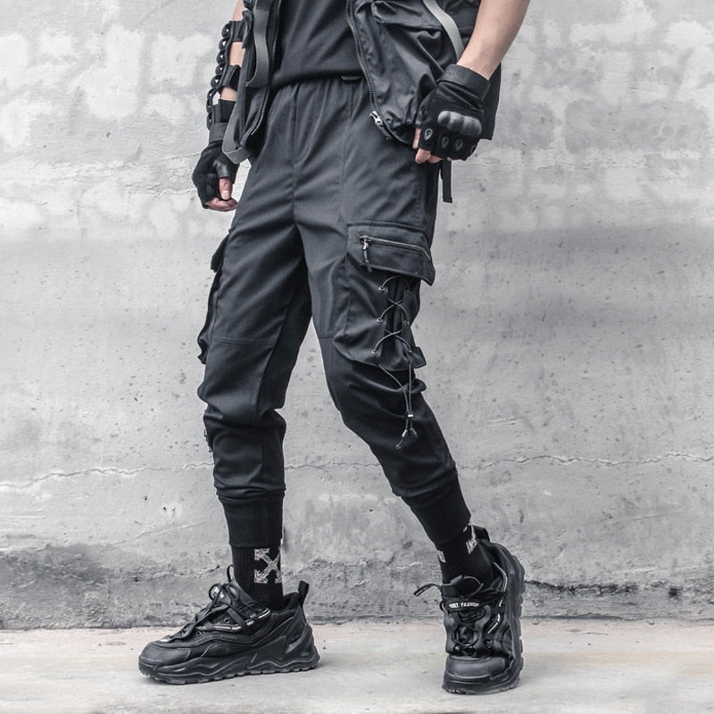 Hearujoy Tactical Functional Pants Joggers Men Pocket Drawstring Design Trousers Autumn Hip Hop Streetwear Harem Pant Black