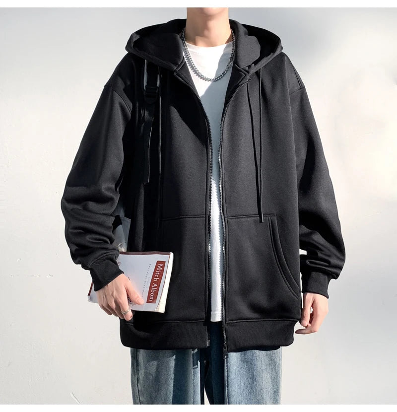 HEARUJOY  -  Spring Autumn Men's Zipper Hoodies Streetwear Casual Jacket Male Solid Color Loose Sweatshirts Simple Hooded Coats
