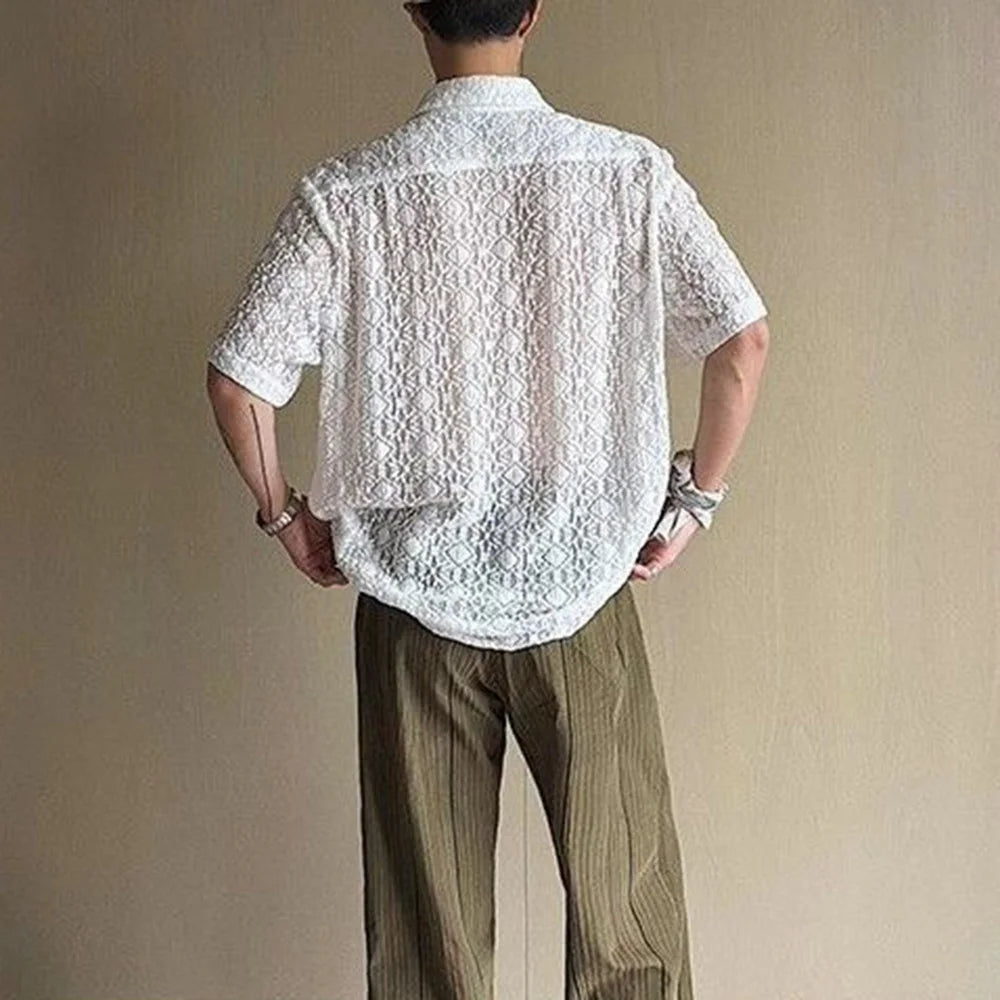 HEARUJOY  -  Mens Shirt Lace See-Through Transparent Geometric Shirt Summer Beach Vacation Hawaiian Slim Short Sleeve Top Men'S Clothing