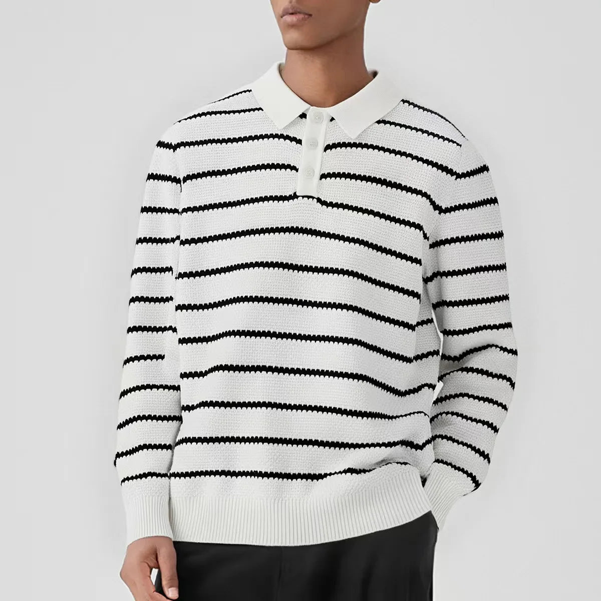 HEARUJOY  -  Men's Button Polo Collar Business Stripe Pullover Sweaters Streetwear Fashion Loose Casual Vintage Knitted Sweater For Male Tops