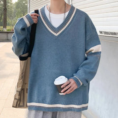 HEARUJOY  -  Autumn Winter New Men's Korean Loose Knitted V-neck Casual Sweater Outdoor Fashion Trend Comfortable Breathable Hoodie