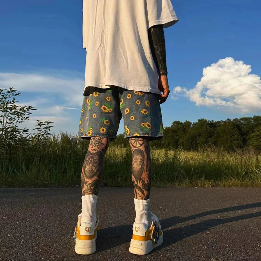 Hearujoy Denim Shorts Men's 2024 Summer High Street Capris Men Techwear Oversize Leisure Pants Unisex Streetwear Y2k Daisy Loose Jeans