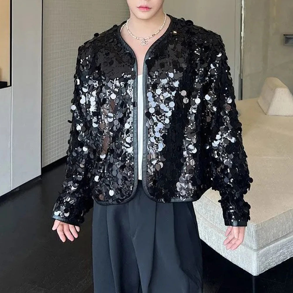 HEARUJOY  -  Mens Jacket Sequin Ballroom Shiny Jacket Streetwear Fashion Nightclub Stage Performance Long Sleeve Top Men'S Clothing 2025 New