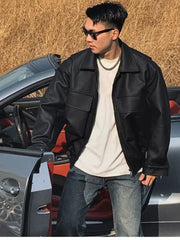 HEARUJOY  -  Spring Cool Handsome Oversized Short Matte Black Pu Leather jacket Men Zipper Pockets Loose Luxury Designer Clothes