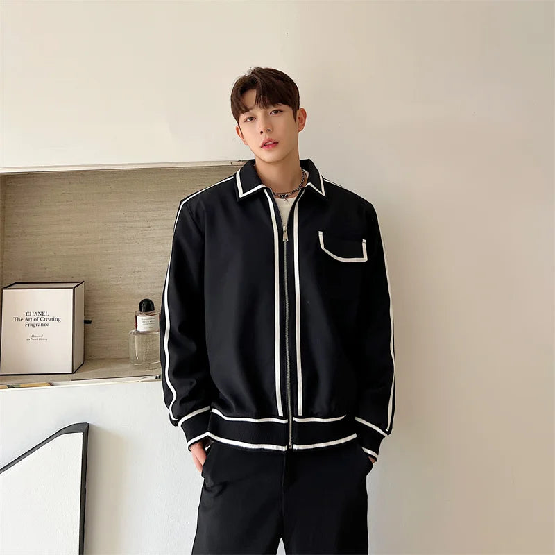 Hearujoy Korean Street clothing fashion Spring Casual Contrast Colors Striped Male Casual Jacket Men's Niche Desgin Black Coats