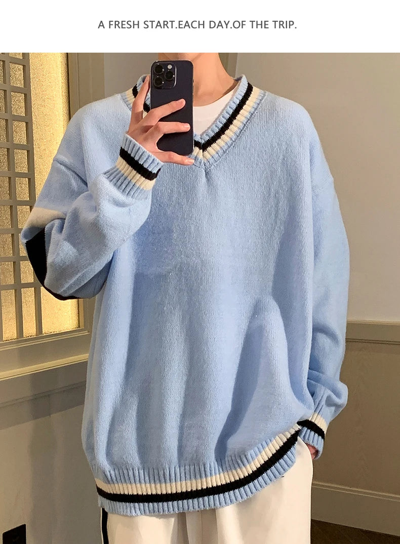 HEARUJOY  -  Preppy V-neck Sweater for Men Couples Pullovers Ins Knitted Top Autumn Korean Trendy Loose-fit Line Clothes for Students Youth
