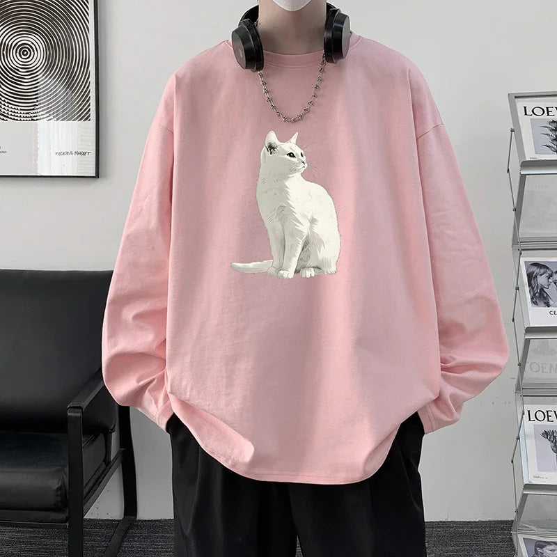 HEARUJOY  -  Men's Plain T-shirts Cotton Full Sleeves Fashion White Mens Oversized T Shirt Casual Wear Cat Walking Print Tee Shirts for Men