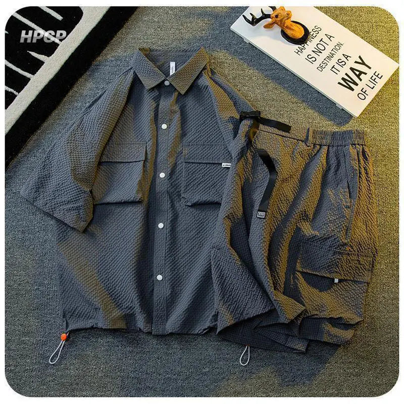 HEARUJOY  -  Texture Ice Silk Workwear Suits Men Short sleeve Shirt And Shorts Two-piece Set Summer Cool Quick Drying Loose Outfits Oversize