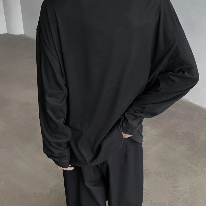 HEARUJOY  -  Autumn Long Sleeved T-shirt Men Fashion Black White Stand Up Collar T Shirt Men Streetwear Korean Loose Casual T Shirt Mens Top