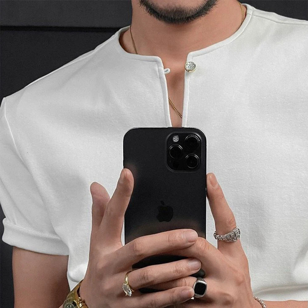 HEARUJOY  -  Men T-Shirt Slim Casual Henley V-Neck Tshirt Streetwear Fashion Youth Campus Breathable Short-Sleeve Top Men'S Clothing 2025 New