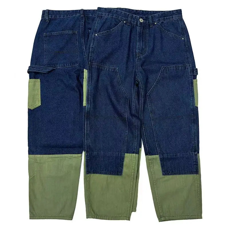 HEARUJOY  -  High Street Patchwork Jeans Men Loose Multi Pocket Cargo Pants Spring Autumn Fashion Vintage Straight Denim Trousers Streetwear