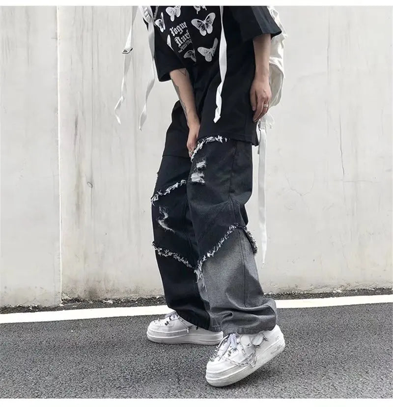 HEARUJOY  -  Mens Jeans Pants With Hole Casual Vintage Straight Leg Korean Fashion Streetwear Harajuku Trousers