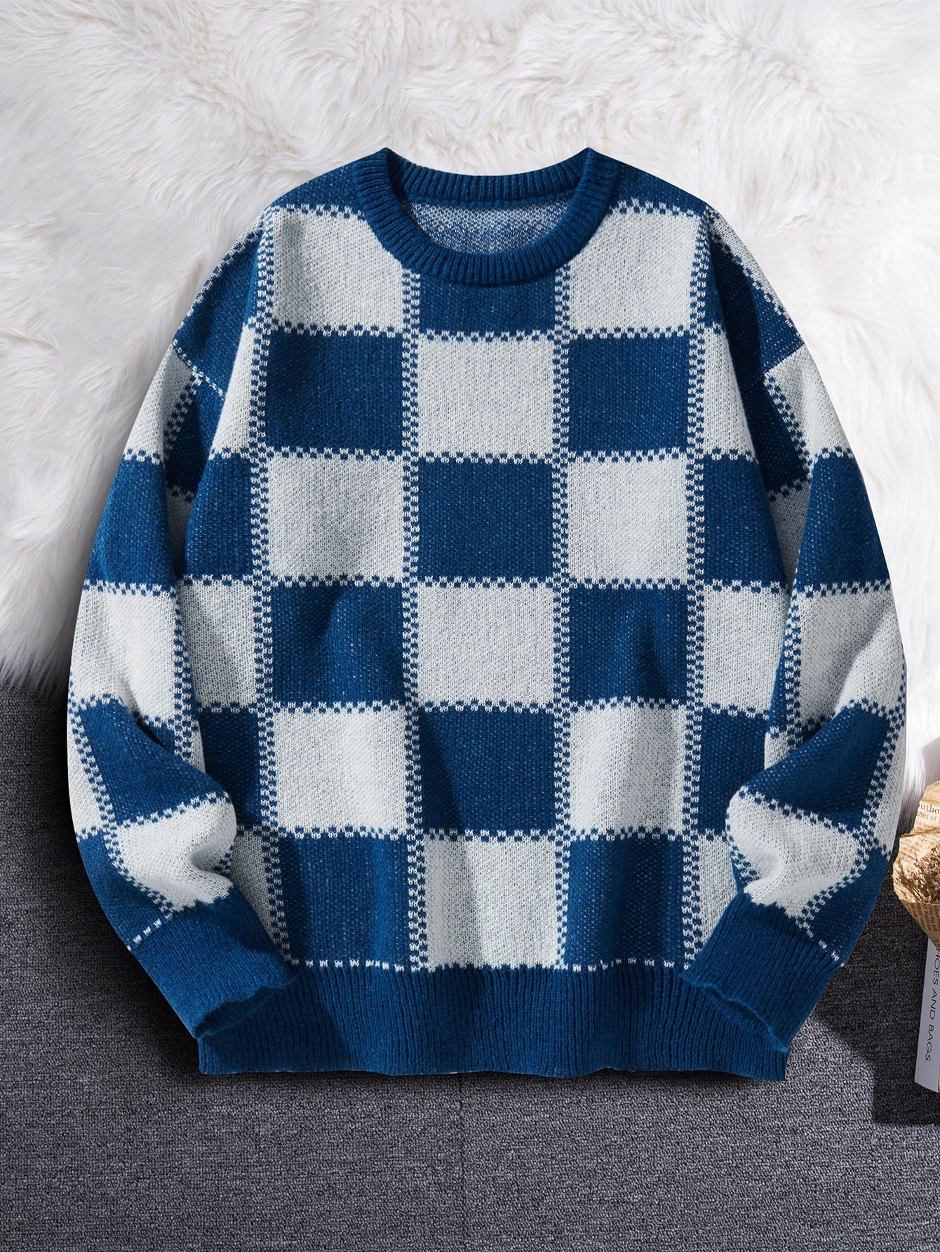 HEARUJOY  -  New Popular Autumn Winter Plaid Jacquard Pattern Pullover Sweater Casual Round Neck Contrast Color Knitted Men's Pullover