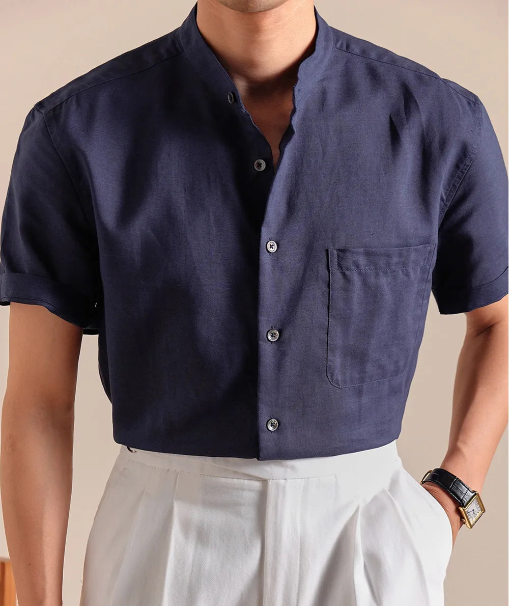 HEARUJOY  -  Natural Linen Cotton Blend Stand Up Collar Shirt Top Quality Men's Short Sleeved Casual Loose Thin Breathable Shirt 3 Colors