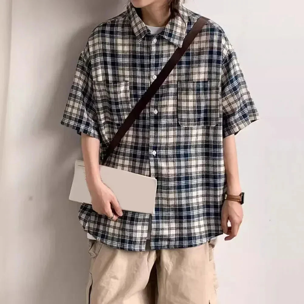 HEARUJOY  -  Plaid Shirt For Men Casual Couple Loose Mens Shirt Polyester Fabric Slight Stretch All Seasons Applicable Male
