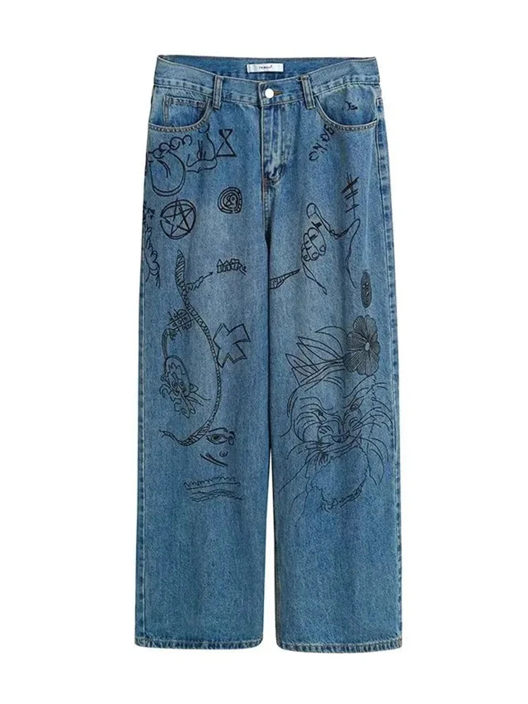 Hearujoy Hip Hop Baggy Jeans Men Oversize Denim Pants Blue Jeans Printed Wide Leg Trousers Male Jeans Hippie Streetwear Casual