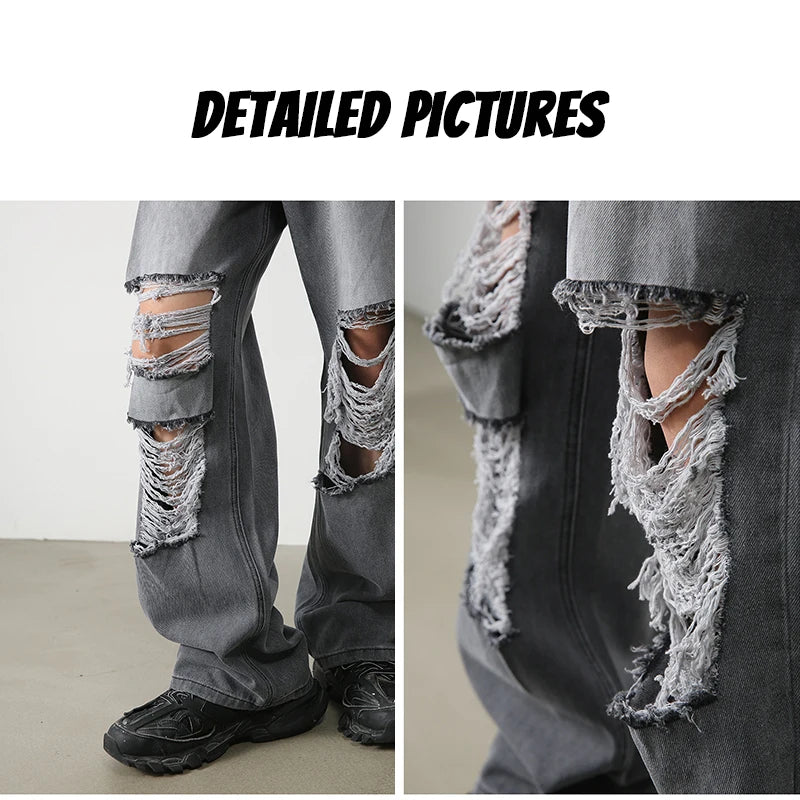 Hearujoy Harajuku Ripped Jeans Men Wide Leg Pants Oversize Hip Hop Darkwear Denim Trousers Male Casual Japanese Streetwear Hole