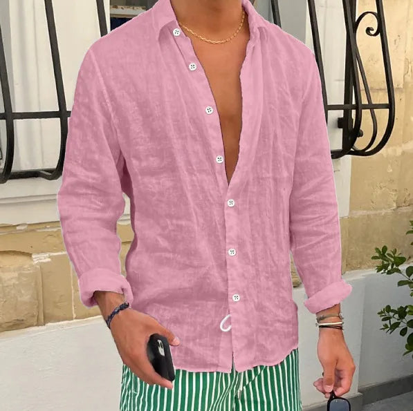 HEARUJOY  -  Men Seaside Beach Vintage Solid Cardigans Top Spring New Casual Linen Shirts Mens Long Sleeve Button-up Turn-down Collar Shirt