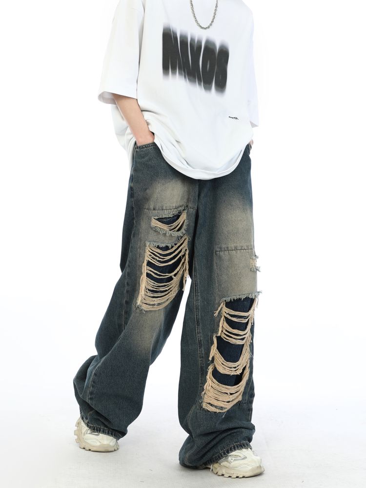 Hearujoy 2000s Ripped Baggy Jeans with Fake Hole Unisex