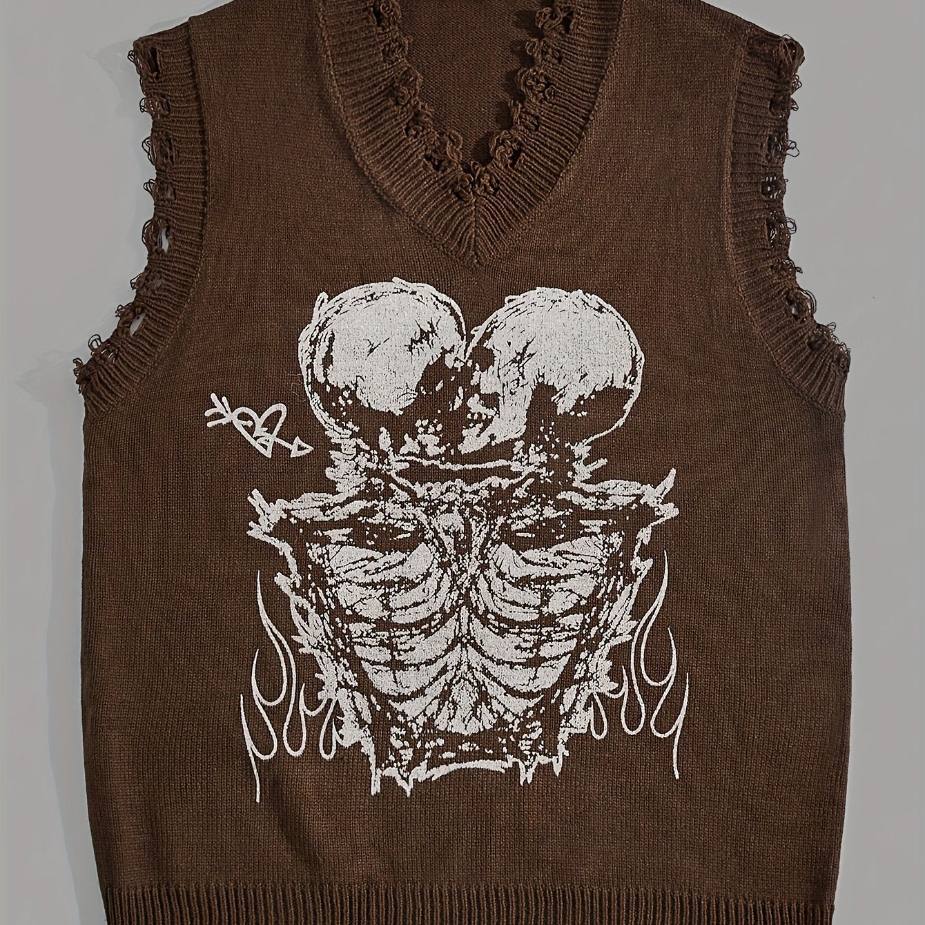 Hearujoy Stylish Men's Brown Knit Sweater Vest with Skull Print - Casual V-Neck, Sleeveless Pullover with Raw Hem Detail, Perfect for Summer