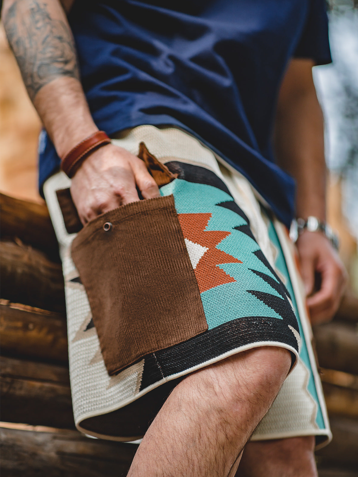 Hearujoy American Vintage Navajo Knit Shorts Summer Mens Ethnic Style Patchwork Pocket Short Trousers Summer Breathable Loose Shorts