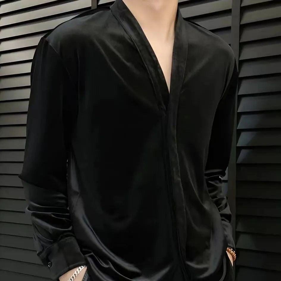 Hearujoy Retro Velvet Shirt For Men Spring Autumn V-neck Long Sleeve Versatile Top Fashion Light Luxury Vintage Mature Shirts Streetwear