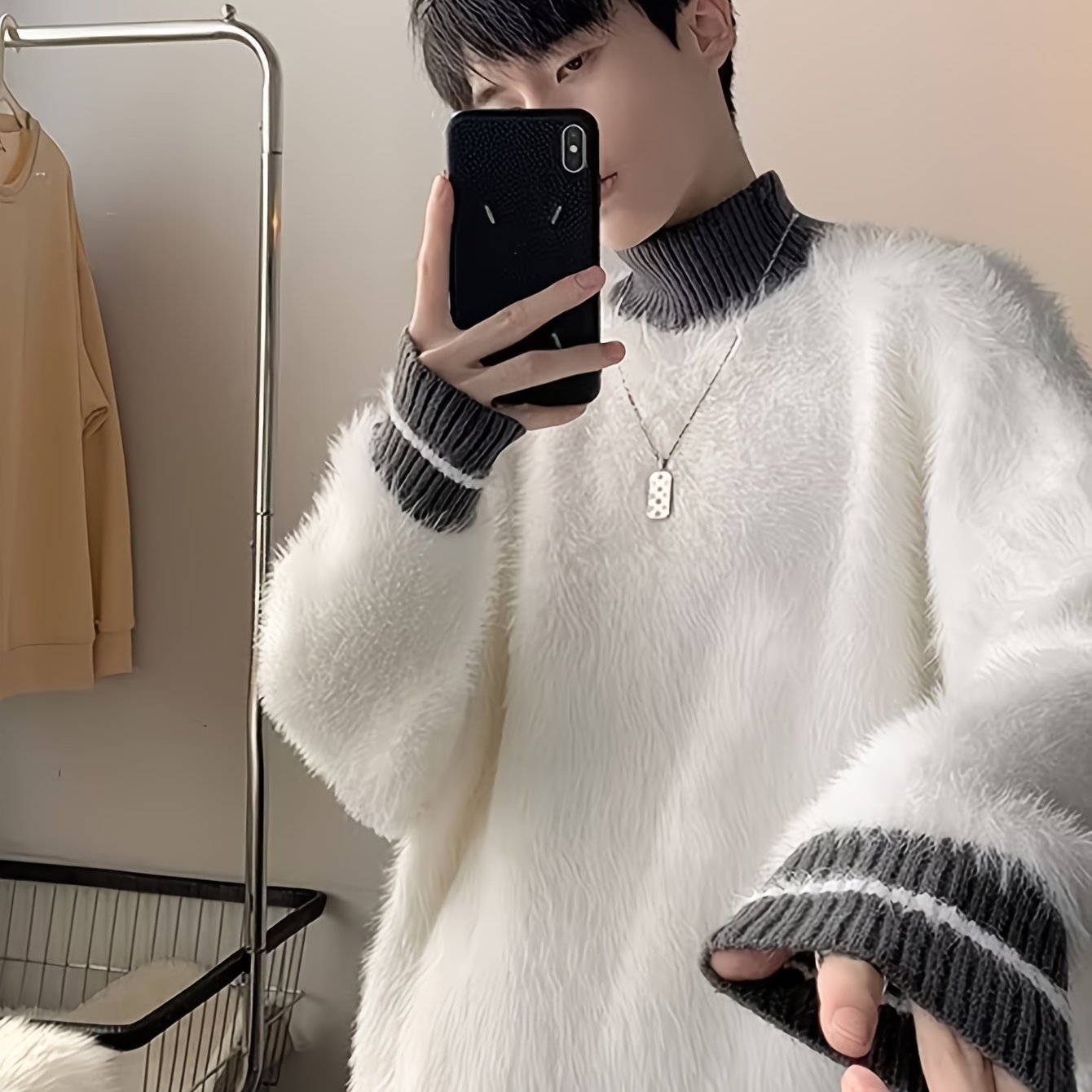 Hearujoy Men'S Casual High Neck Striped Mink Fur Sweater, Polyester Knit Fabric, Loose Fit Pullover, with Contrast Collar, for Fall/Winter