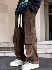 Hearujoy Men's Loose Solid Corduroy Pants With Multi Pockets, Casual Drawstring Trousers For Outdoor Activities Gift