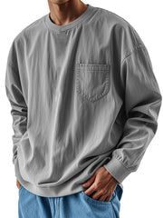 Hearujoy Oversized Loose Long sleeve T-shirt For Men 2025 Spring Fashion Vintage Top Tee Solid Casual Chest Pocket Tshirts streetwear