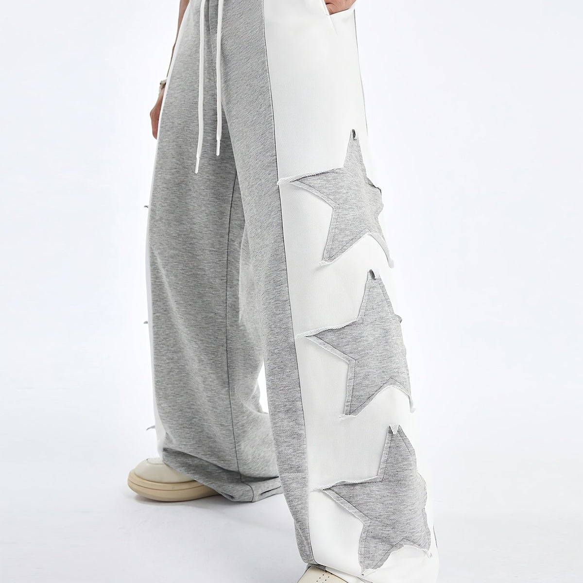 Hearujoy Star Pattern Contrast Trousers, High Street Style Casual Loose Sports Pants with Stitching Detail, Machine Washable Polyester, Daily, Polyester