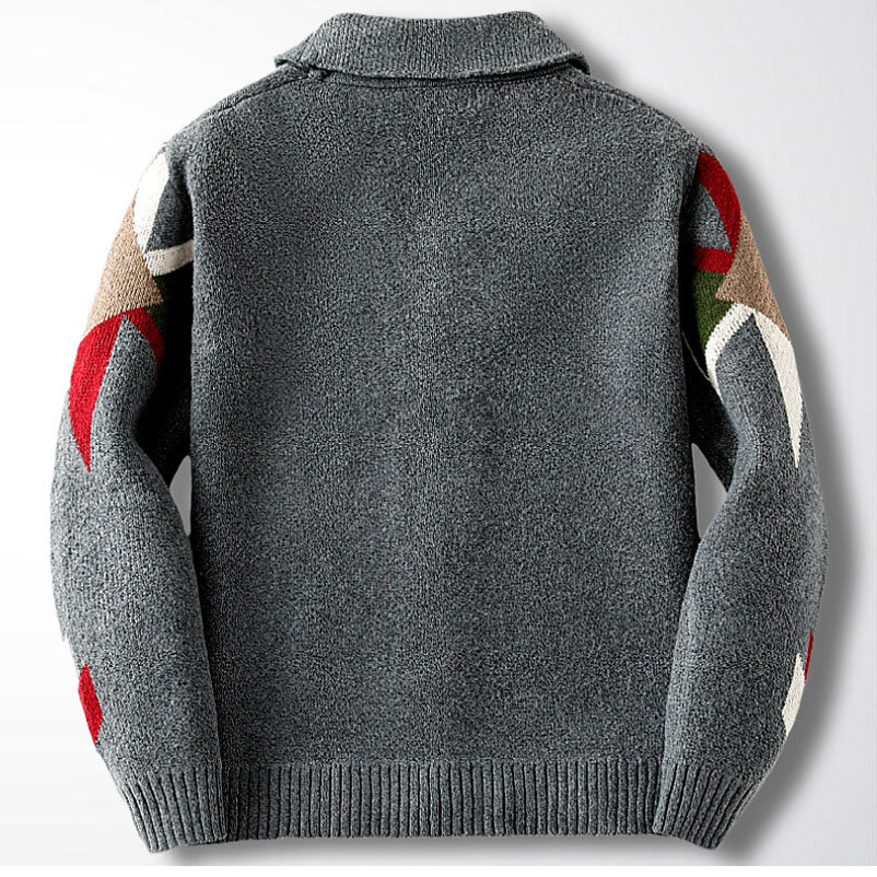 Hearujoy Autumn Winter Vintage Heavy-duty Jacquard Sweater Men Lapel Thick Knit Cardigan British Style Geometric Patterns Knitwear Coat