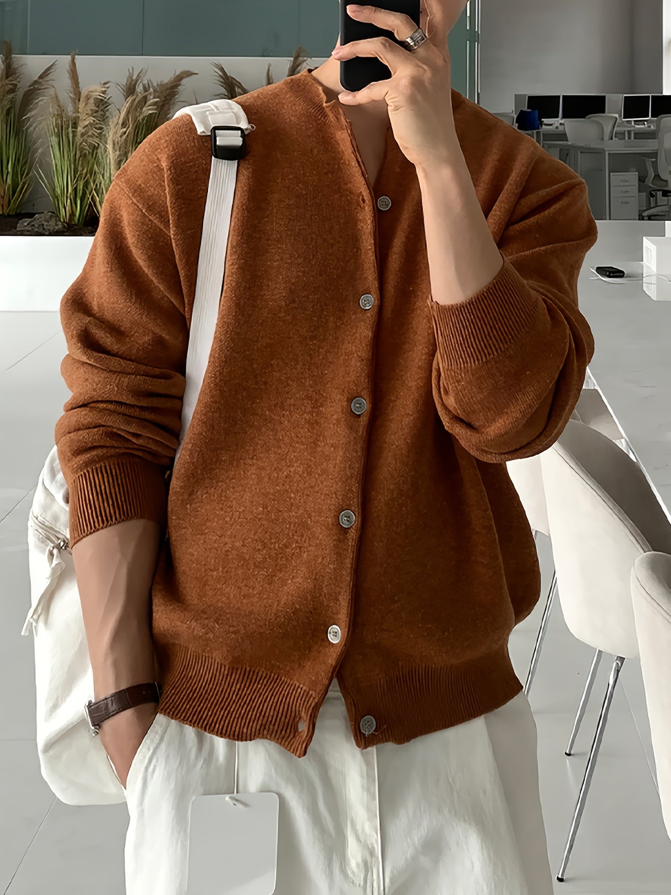 HEARUJOY  -  Cozy Long Sleeve Polyester Blend Cardigan - Men's Casual Solid Color Knit Button-Up Sweater for Fall/Winter, Korean Style, Loose Fit