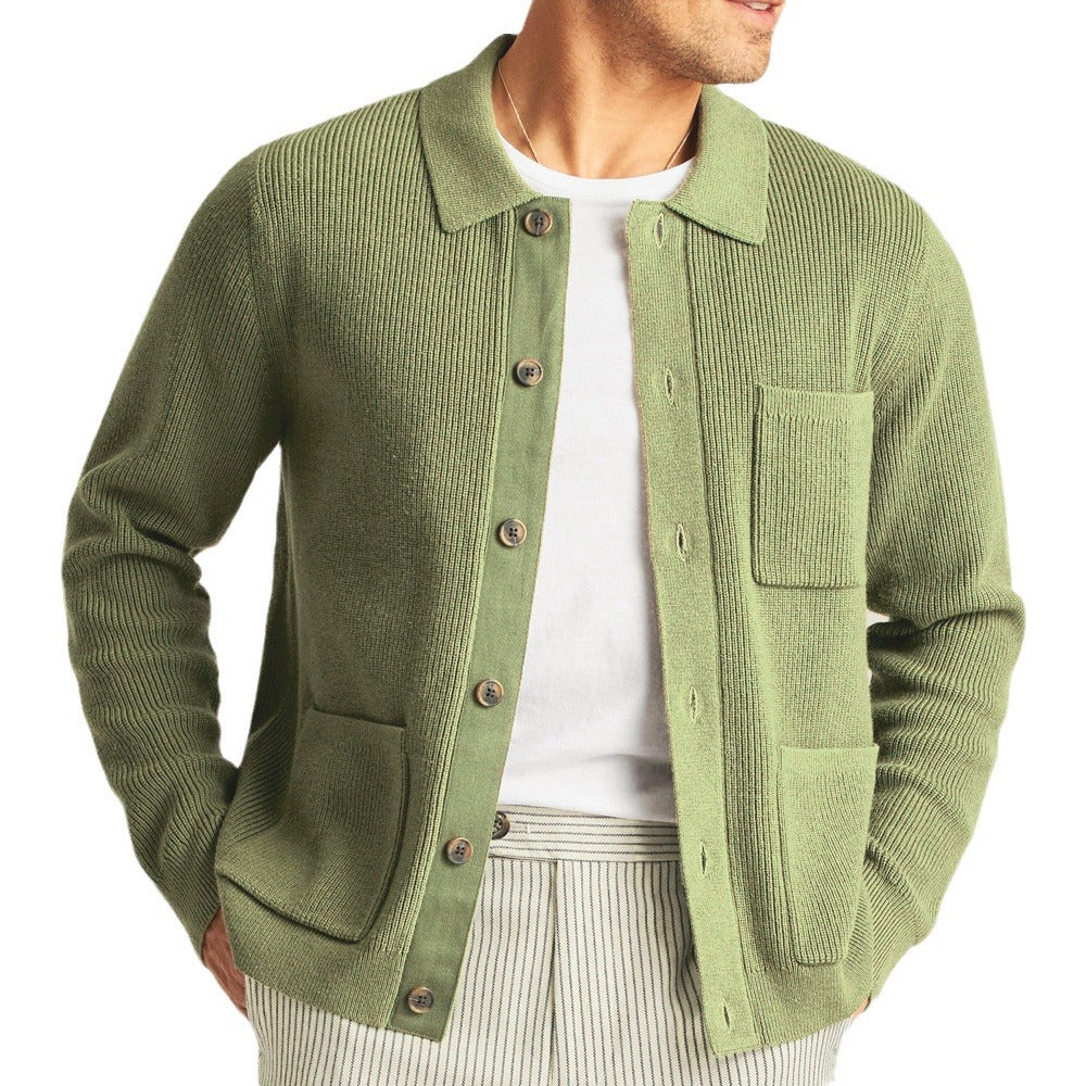 Hearujoy Multi Pocket High-density Knitted Shirt For Men Casual Solid Color Long Sleeve Knit Jackets Autumn Fashion Vintage Sweaters