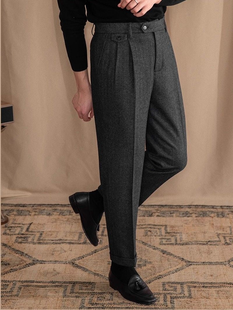 Hearujoy Italian Vintage Suit Pant For Men Autumn Winter Wool Herringbone Pattern Straight Trousers British Style Business Casual Pants