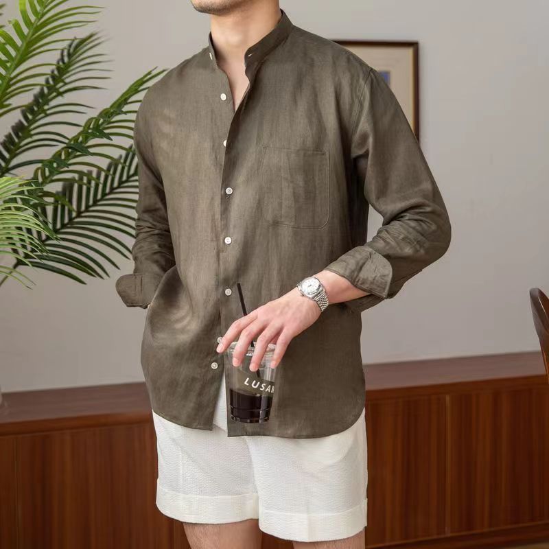 Hearujoy Vintage  Linen Shirt For Men Summer Thin Breathable Short sleeved Tops Light Luxury Casual Loose Stand Collar Blouse Streetwear