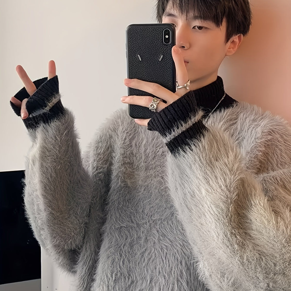 Hearujoy Men'S Casual High Neck Striped Mink Fur Sweater, Polyester Knit Fabric, Loose Fit Pullover, with Contrast Collar, for Fall/Winter