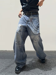 Hearujoy Men's Trendy Loose-Fit Chain Print Faux Denim Pants - Street Style Casual Straight Leg, Machine Washable