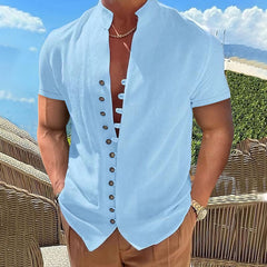 Hearujoy New 100% Cotton Linen Vintage Shirts Mens Short Sleeve Stand Collar  Casual Male Blouse Summer Retro Shirt Top Men Clothing