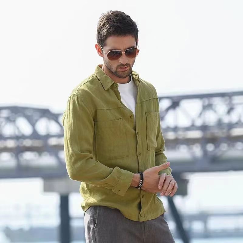 Hearujoy Vintage Linen Shirt For Men Double Pocket Workwear Long Sleeved Top Spring Autumn Leisure Loose Blouse Shirts Cotton Linen Male