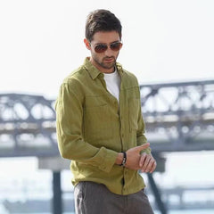 Hearujoy Vintage Linen Shirt For Men Double Pocket Workwear Long Sleeved Top Spring Autumn Leisure Loose Blouse Shirts Cotton Linen Male