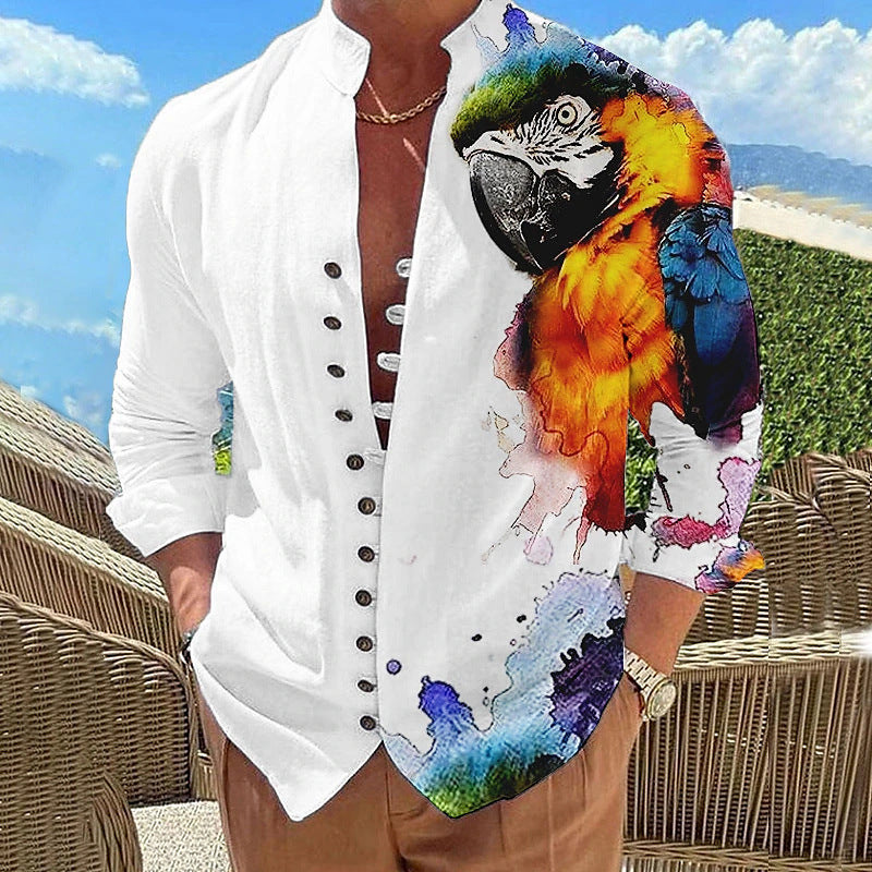 Hearujoy Vintage 3D Print Shirt Mens Long Sleeve Stand Collar Loose Casual Top Streetwear Spring Autumn Fashion Retro Shirts For Men