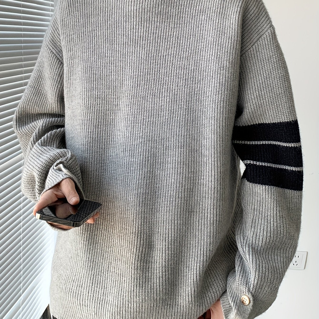 Men'S Casual Crew Neck Knit Sweater, Polyester Blend, Loose Fit Pullover, with Stripe Detail and Button Sleeves, for Fall & Winter